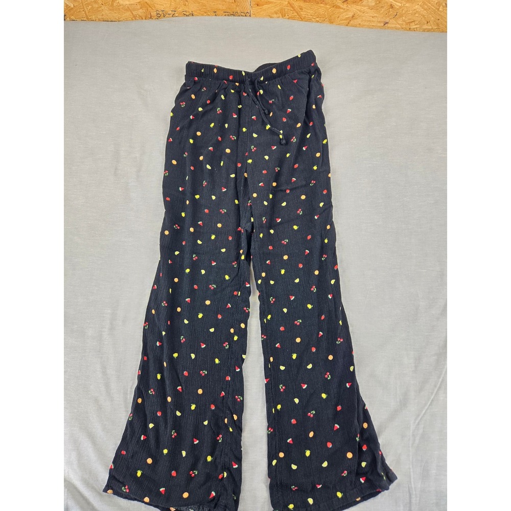 No Boundaries Womens‎ Fruit Print Wide Leg Pants Black Sz S 4-6 Drawstring Rayon